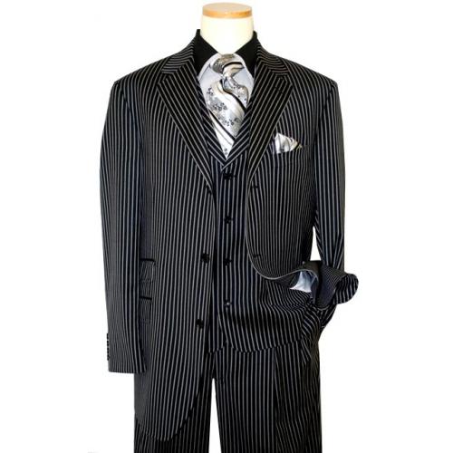 Steve Harvey Collection Black With Grey Stripes Super 120's Merino Wool Vested Suit